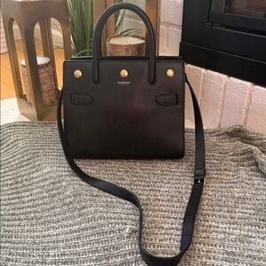 Burberry Black Leather Structured Top-Handle Shoulder Bag with Gold Hardware